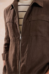 Ensemble veste en lin marron zippée et pantalon beige pour homme, tenue d'été élégante et décontractée