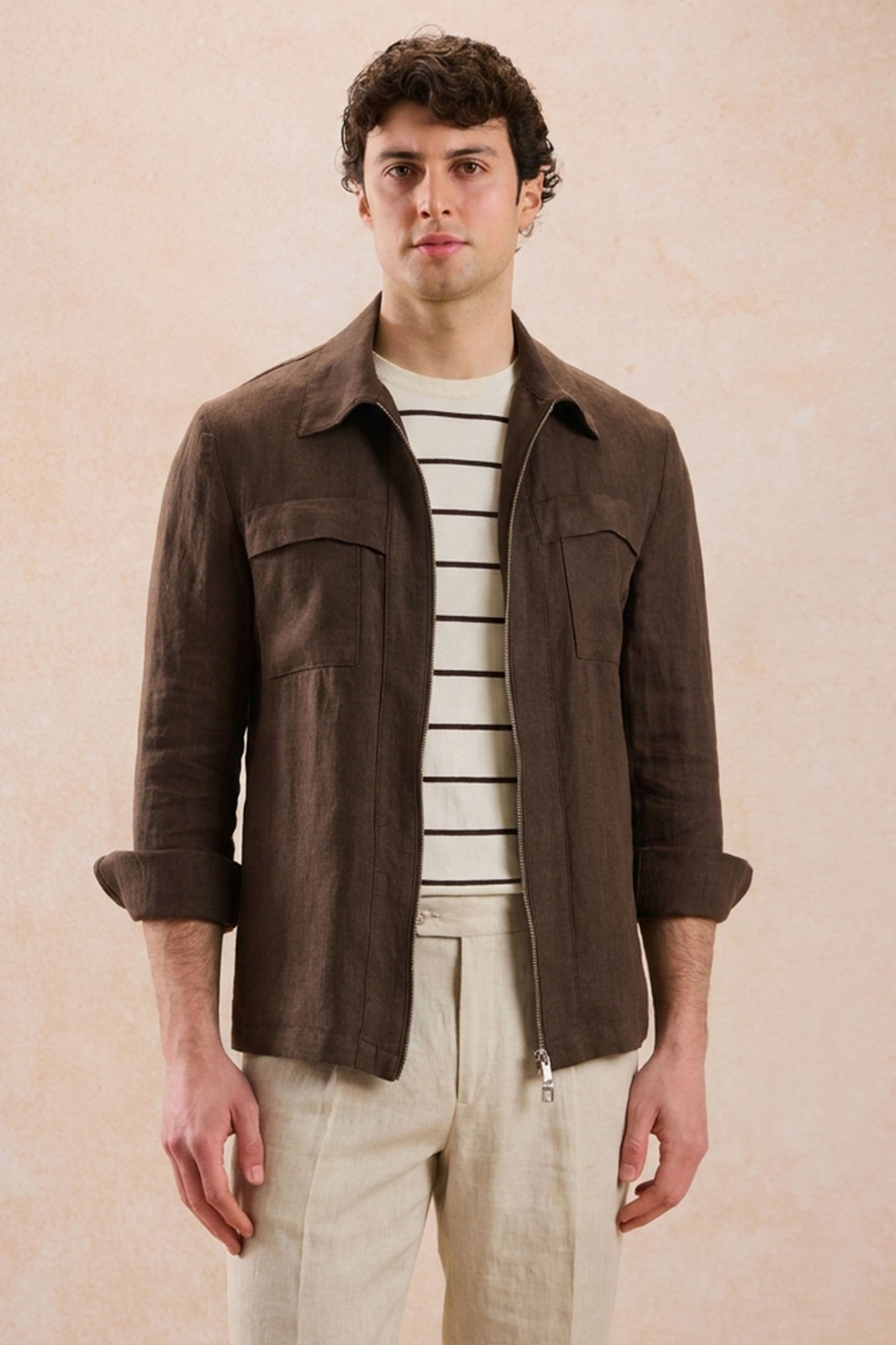 Ensemble veste en lin marron zippée et pantalon beige pour homme, tenue d'été élégante et décontractée