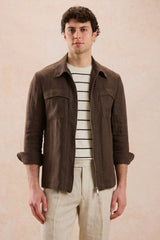Ensemble veste en lin marron zippée et pantalon beige pour homme, tenue d'été élégante et décontractée