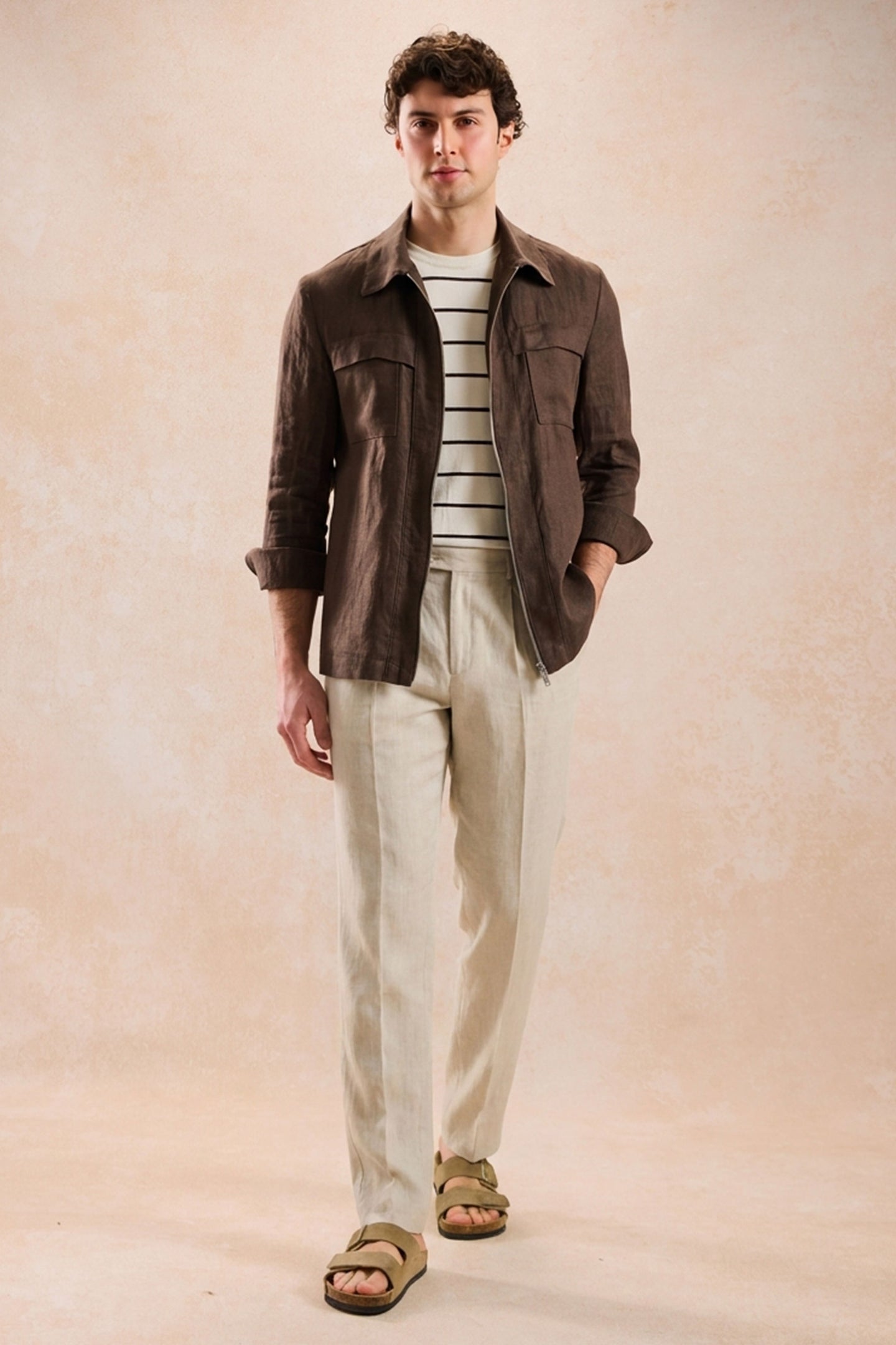 Ensemble veste en lin marron zippée et pantalon beige pour homme, tenue d'été élégante et décontractée