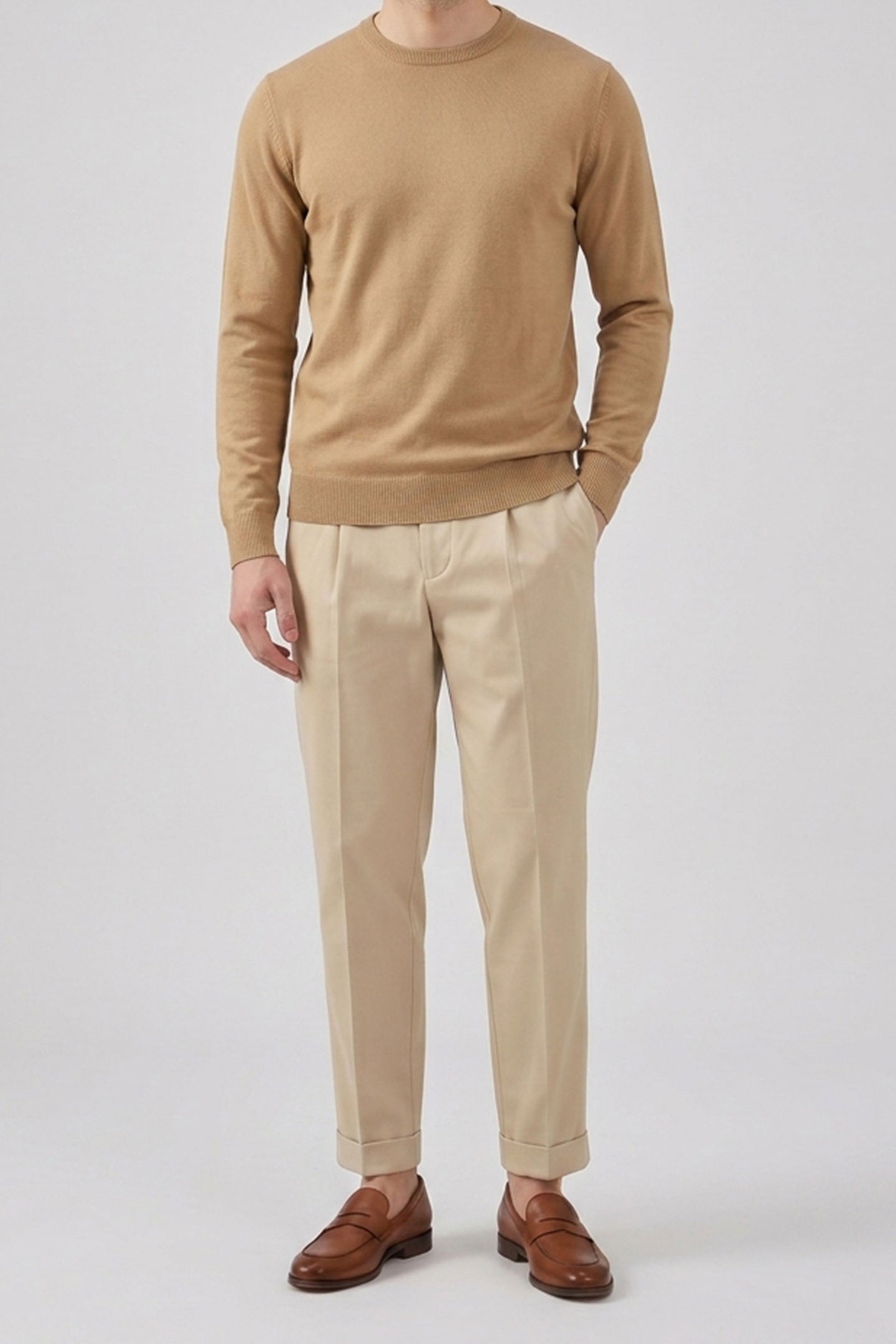 Pull en maille à col rond marron camel pour homme, coupe classique