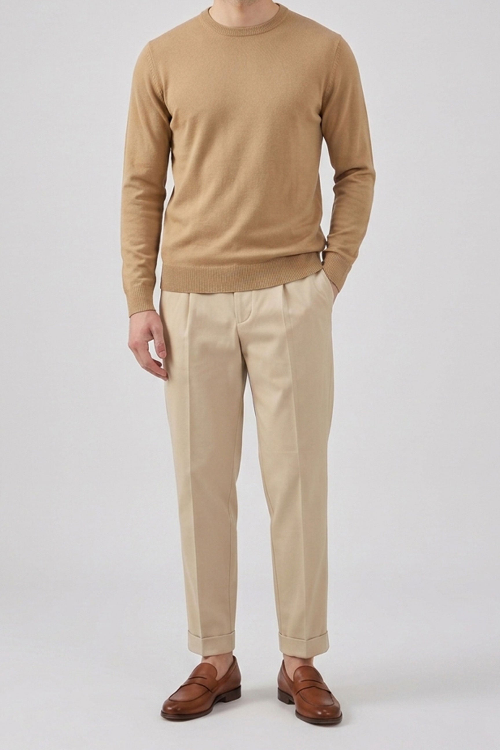 Pull en maille à col rond marron camel pour homme, coupe classique