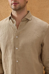 Chemise d'été à manches longues en pur lin beige foncé pour homme