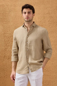 Chemise d'été à manches longues en pur lin beige foncé pour homme