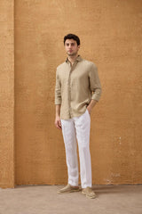 Chemise d'été à manches longues en pur lin beige foncé pour homme