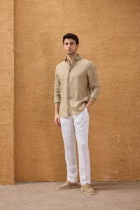 Chemise d'été à manches longues en pur lin beige foncé pour homme