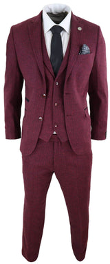Men's Herringbone Wine Maroon 3 Piece Tweed Suit - STZ11