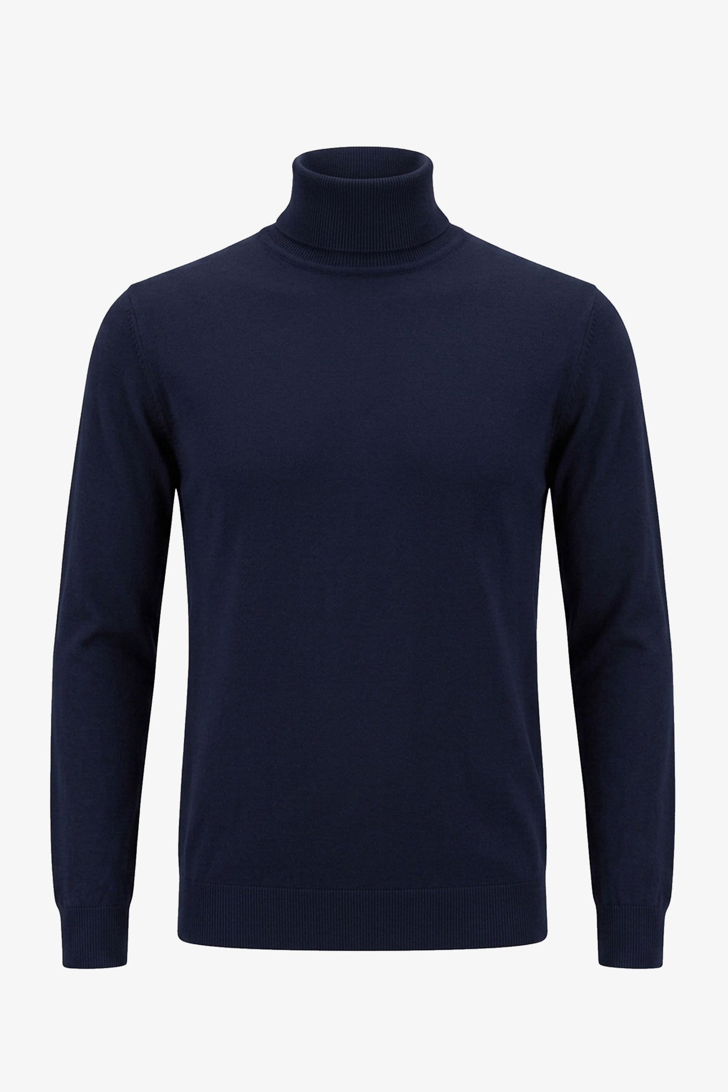 Pull à col roulé bleu marine pour homme, en maille douce à manches longues et mélange de viscose.