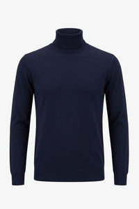 Pull à col roulé bleu marine pour homme, en maille douce à manches longues et mélange de viscose.