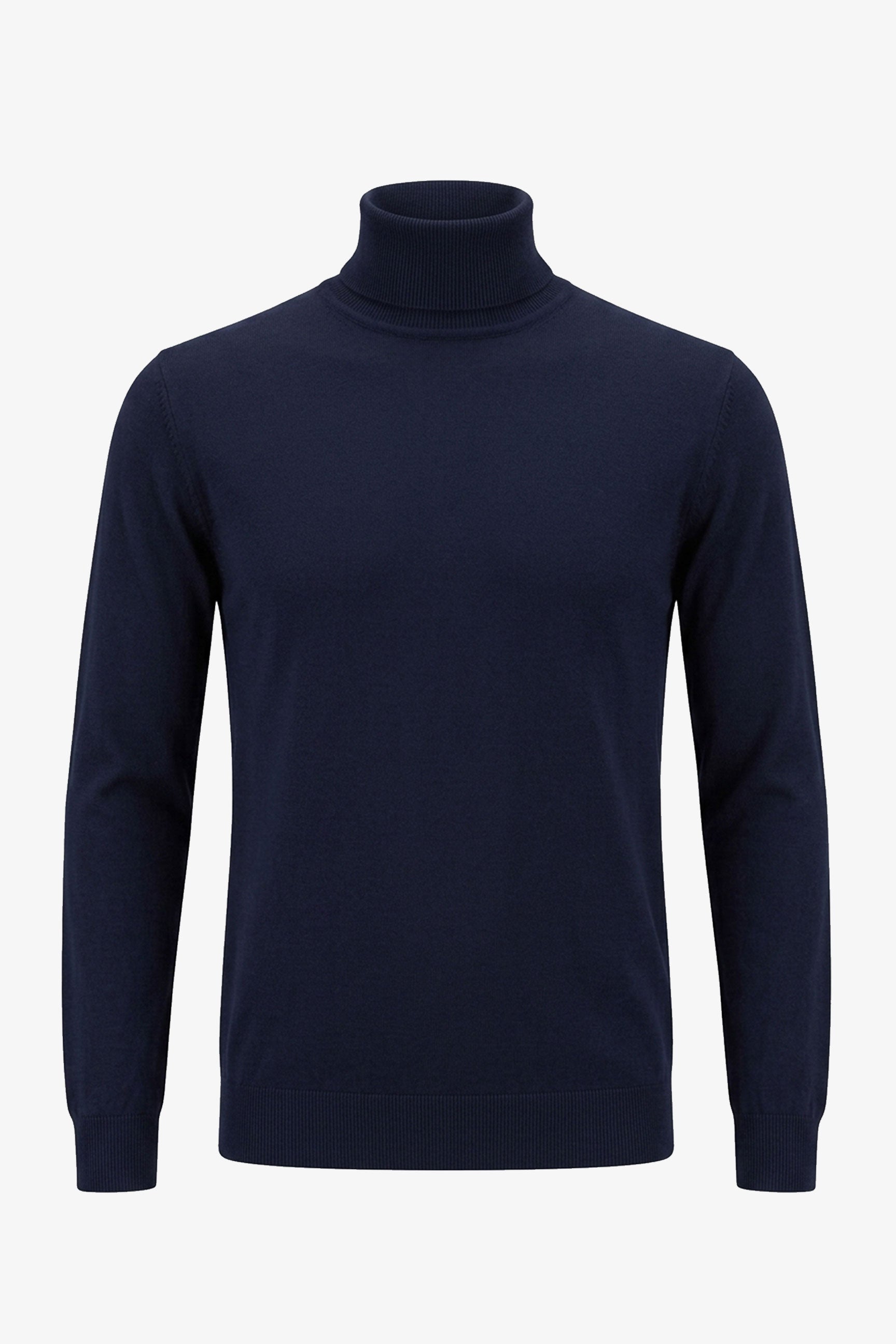 Pull à col roulé bleu marine pour homme, en maille douce à manches longues et mélange de viscose.