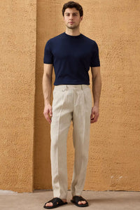 Ensemble veste zippée en lin bleu marine et pantalon beige pour homme, tenue d'été élégante et décontractée