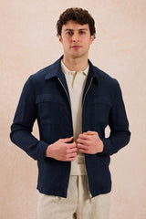 Ensemble veste zippée en lin bleu marine et pantalon beige pour homme, tenue d'été élégante et décontractée