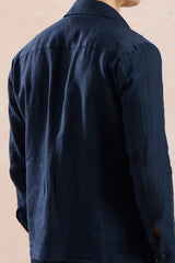 Ensemble veste zippée en lin bleu marine et pantalon beige pour homme, tenue d'été élégante et décontractée
