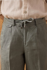 Ensemble veste zippée en lin bleu marine et pantalon sauge pour homme, tenue d'été élégante et décontractée