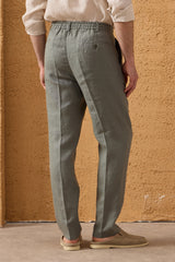 Ensemble veste zippée en lin bleu marine et pantalon sauge pour homme, tenue d'été élégante et décontractée