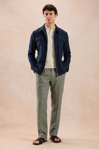Ensemble veste zippée en lin bleu marine et pantalon sauge pour homme, tenue d'été élégante et décontractée