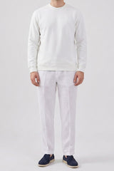 Sweat-shirt homme écru en mélange de coton à col rond et manches longues extensible