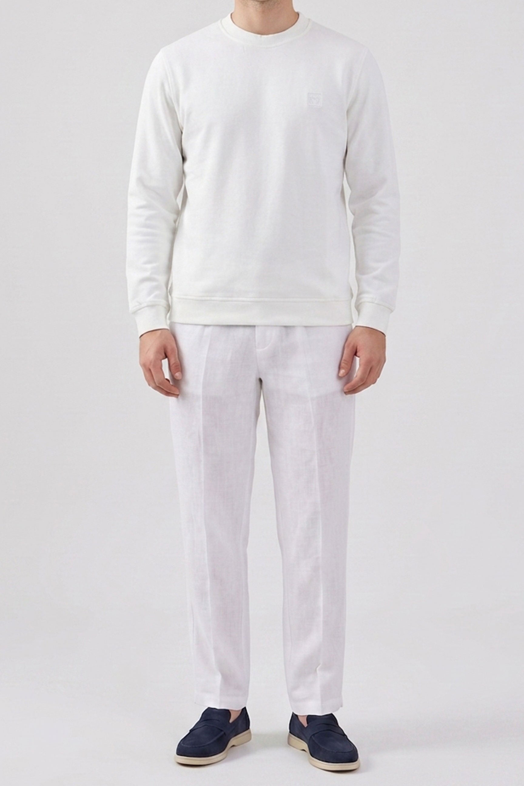 Sweat-shirt homme écru en mélange de coton à col rond et manches longues extensible
