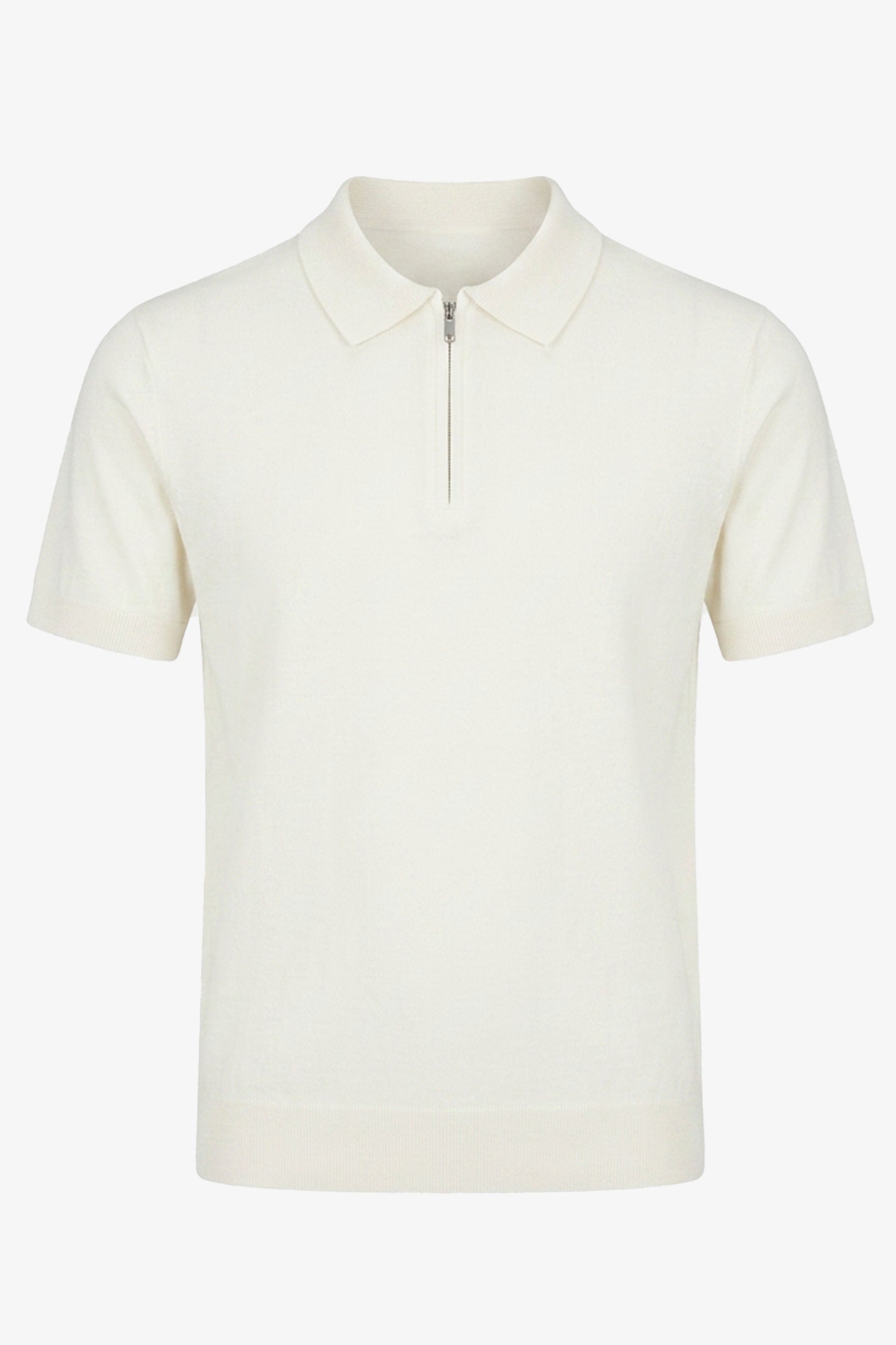 Polo homme écru en maille, col zippé, manches courtes, mélange doux