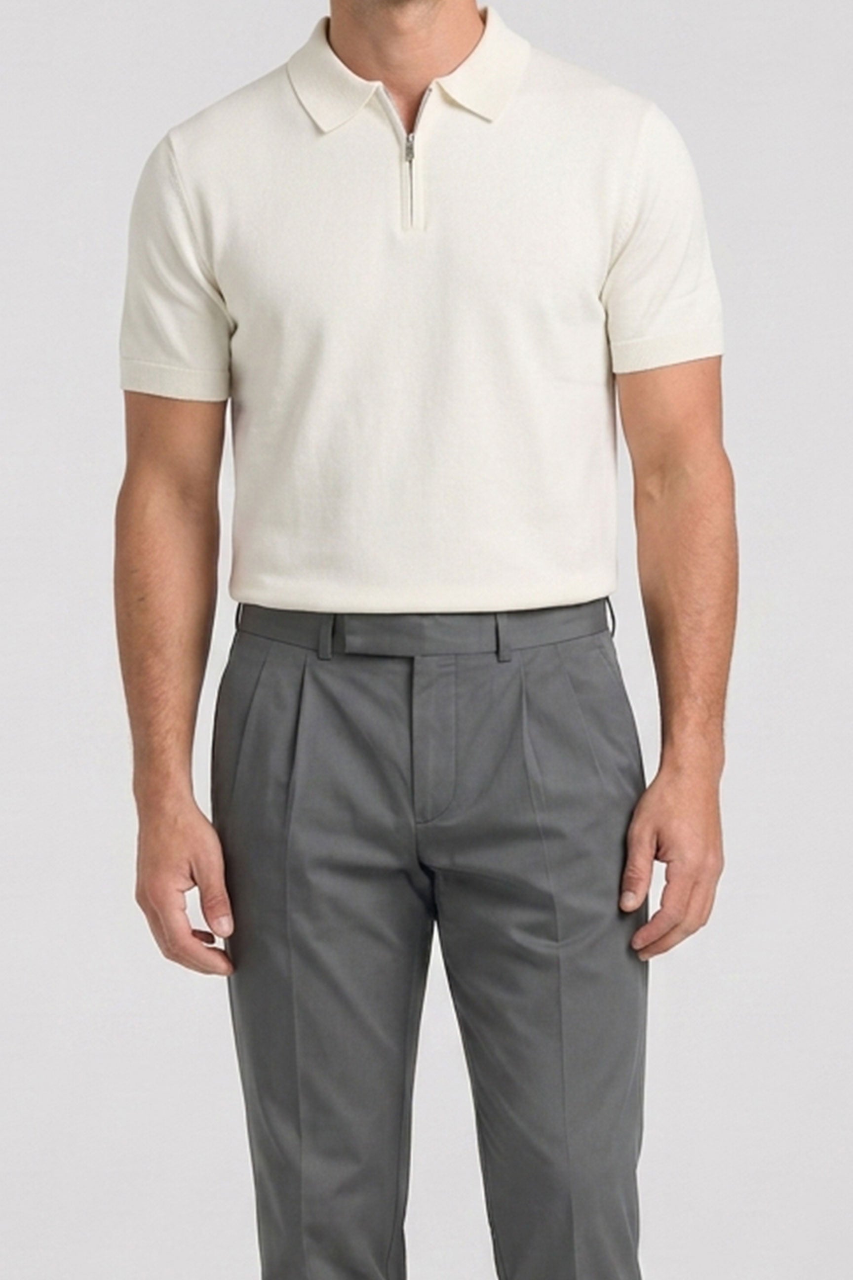 Polo homme écru en maille, col zippé, manches courtes, mélange doux