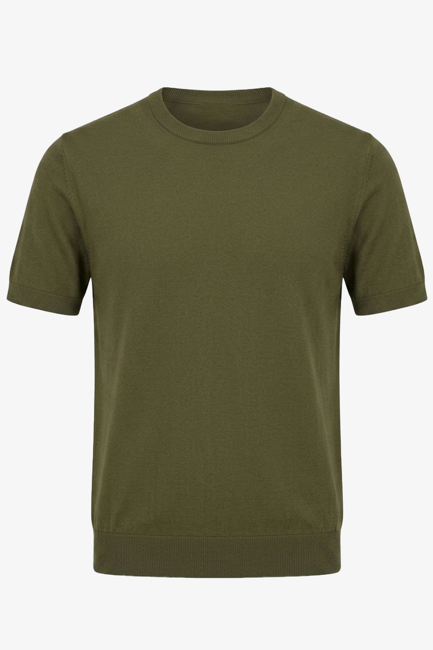 T-shirt homme vert olive en maille, coupe classique, col rond, manches courtes