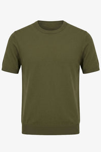 T-shirt homme vert olive en maille, coupe classique, col rond, manches courtes
