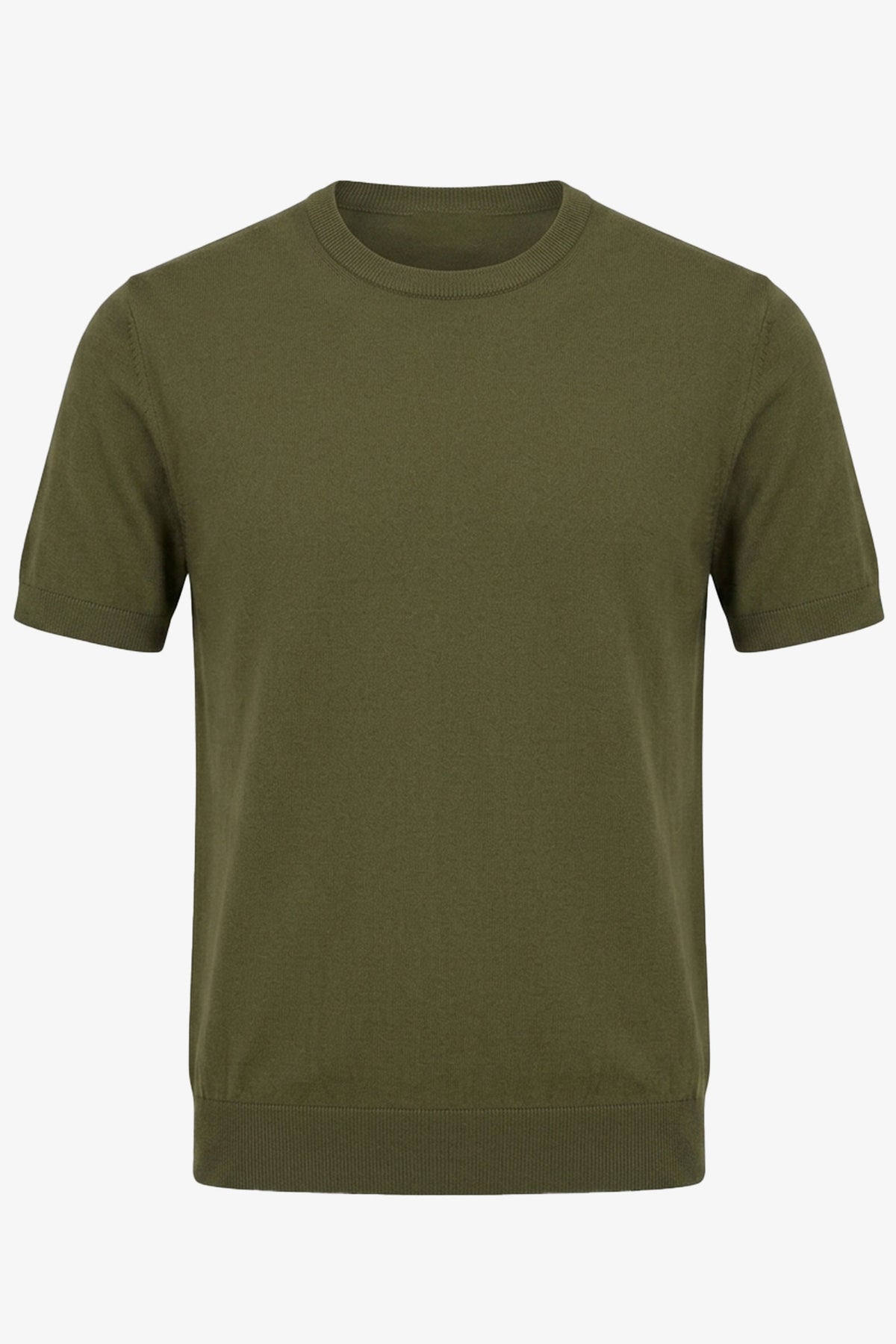 T-shirt homme vert olive en maille, coupe classique, col rond, manches courtes