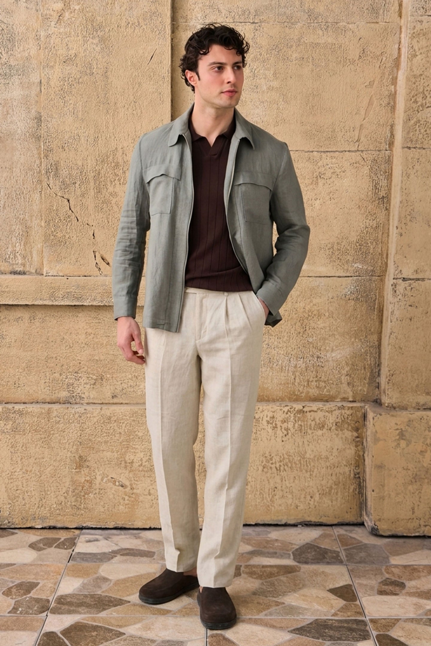 Ensemble veste en lin vert sauge zippée et pantalon beige pour homme, tenue d'été élégante et décontractée
