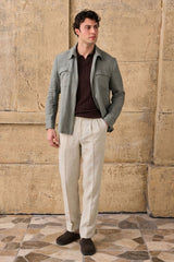 Ensemble veste en lin vert sauge zippée et pantalon beige pour homme, tenue d'été élégante et décontractée