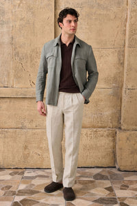 Ensemble veste en lin vert sauge zippée et pantalon beige pour homme, tenue d'été élégante et décontractée