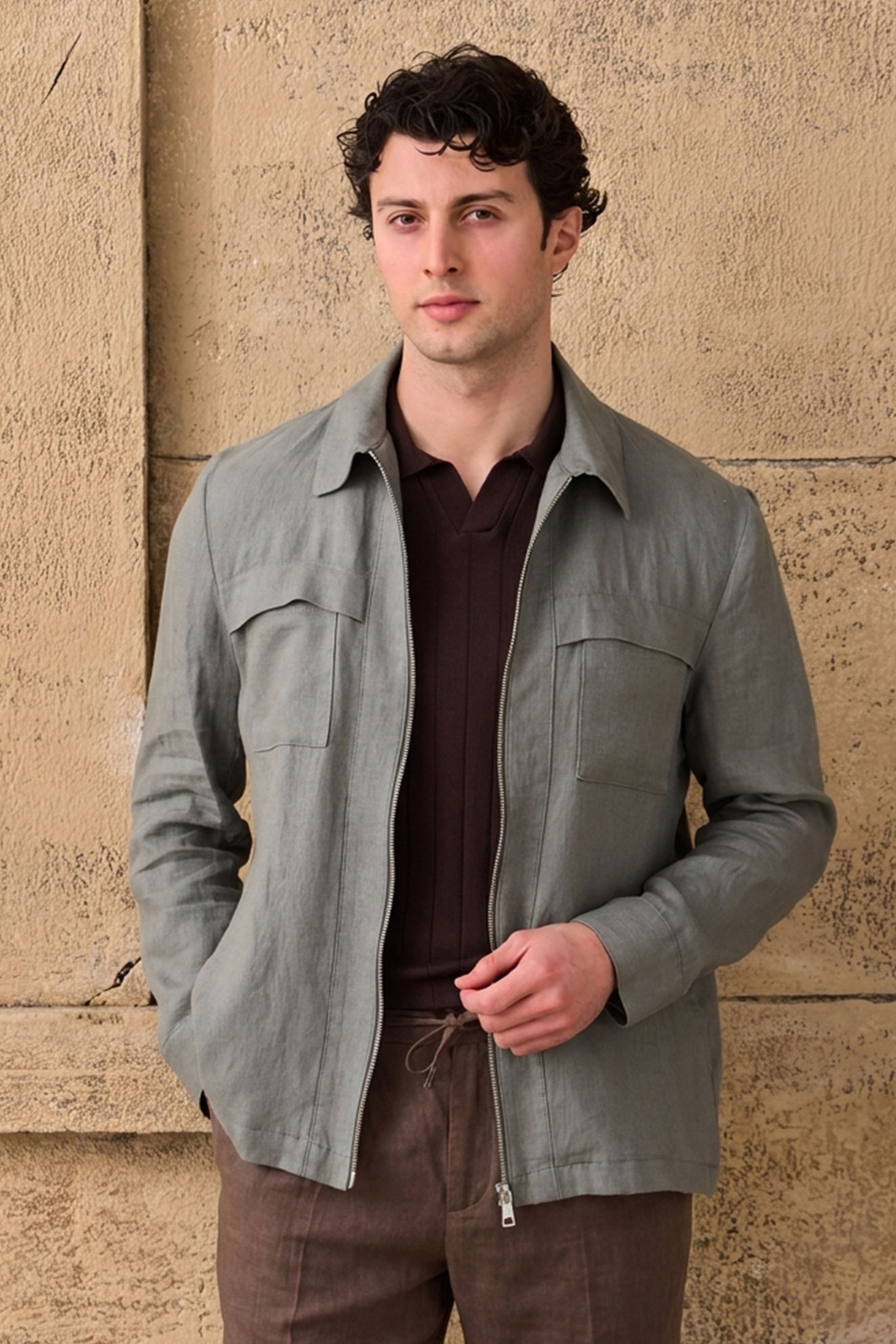 Ensemble veste en lin vert sauge zippée et pantalon marron pour homme, tenue d'été élégante et décontractée