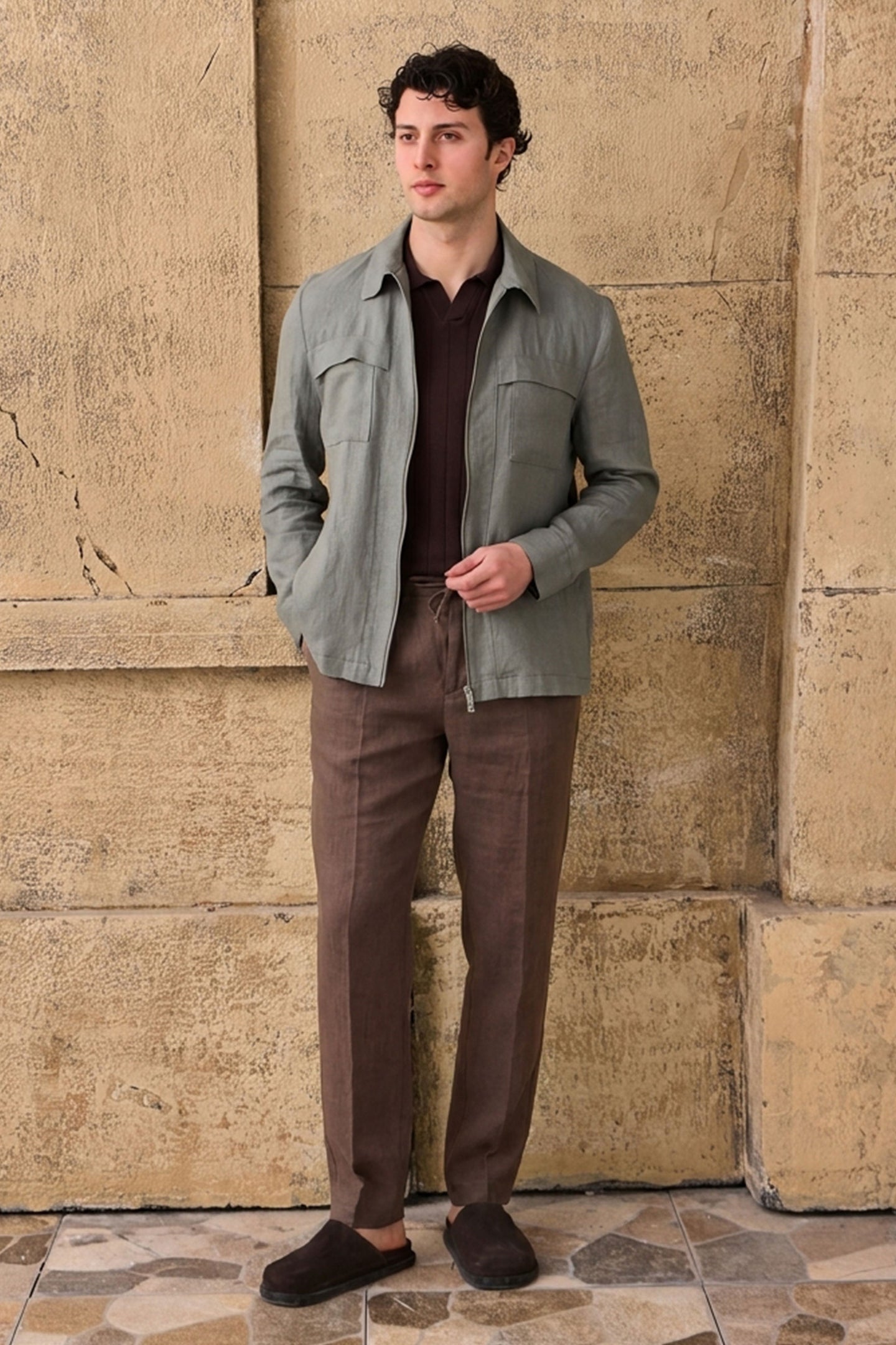 Ensemble veste en lin vert sauge zippée et pantalon marron pour homme, tenue d'été élégante et décontractée