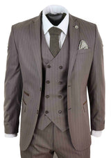 Mens 3 Piece Pinstripe Beige Suit