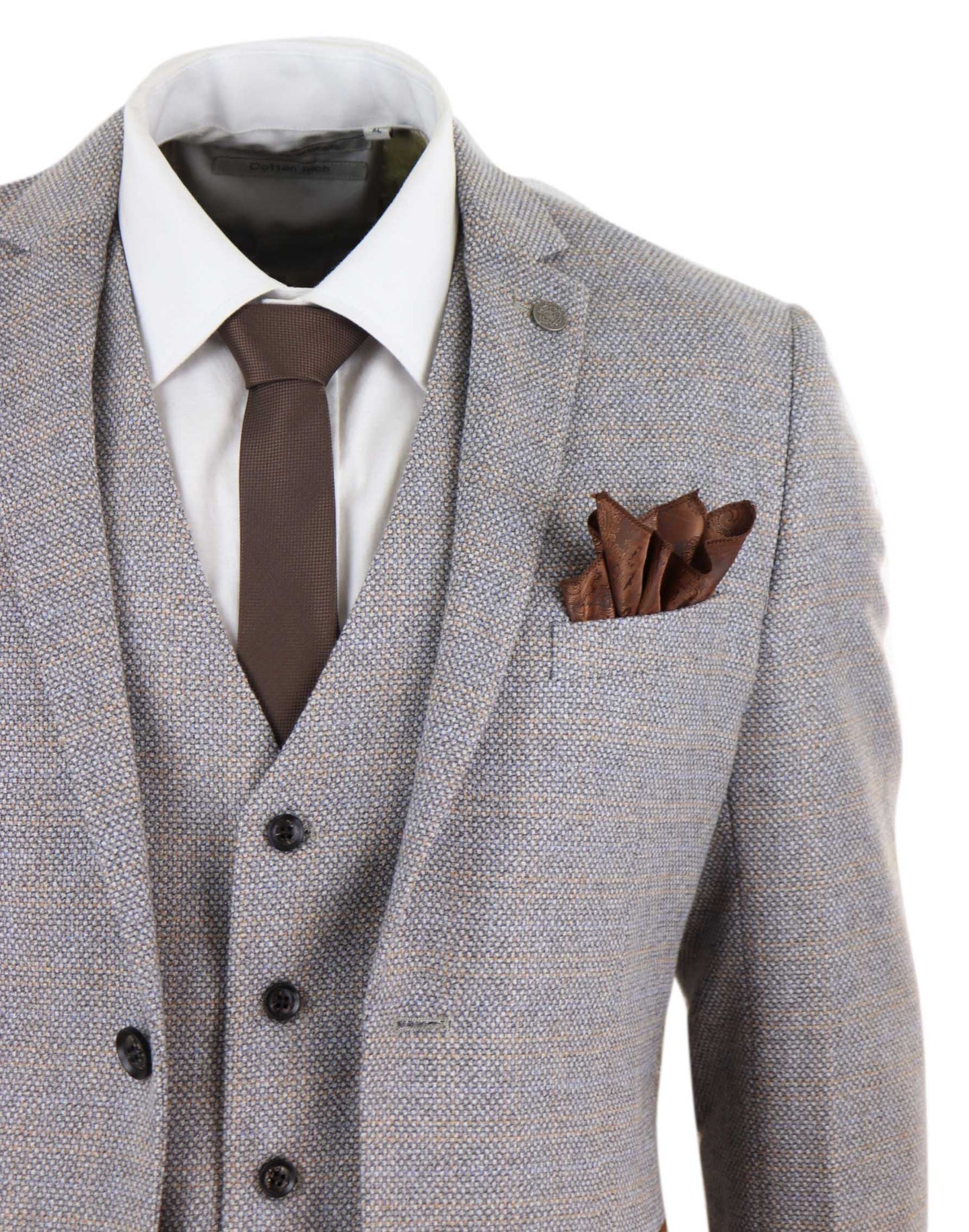 Mens 3 Piece Tweed Check Suit - Cream