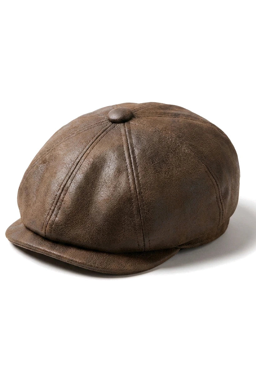Casquette gavroche 8 panneaux pour homme, en cuir PU marron, style gavroche.