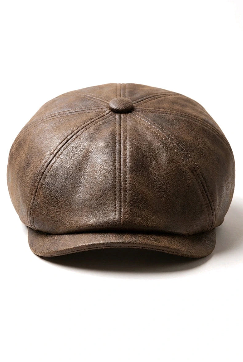Casquette gavroche 8 panneaux pour homme, en cuir PU marron, style gavroche.