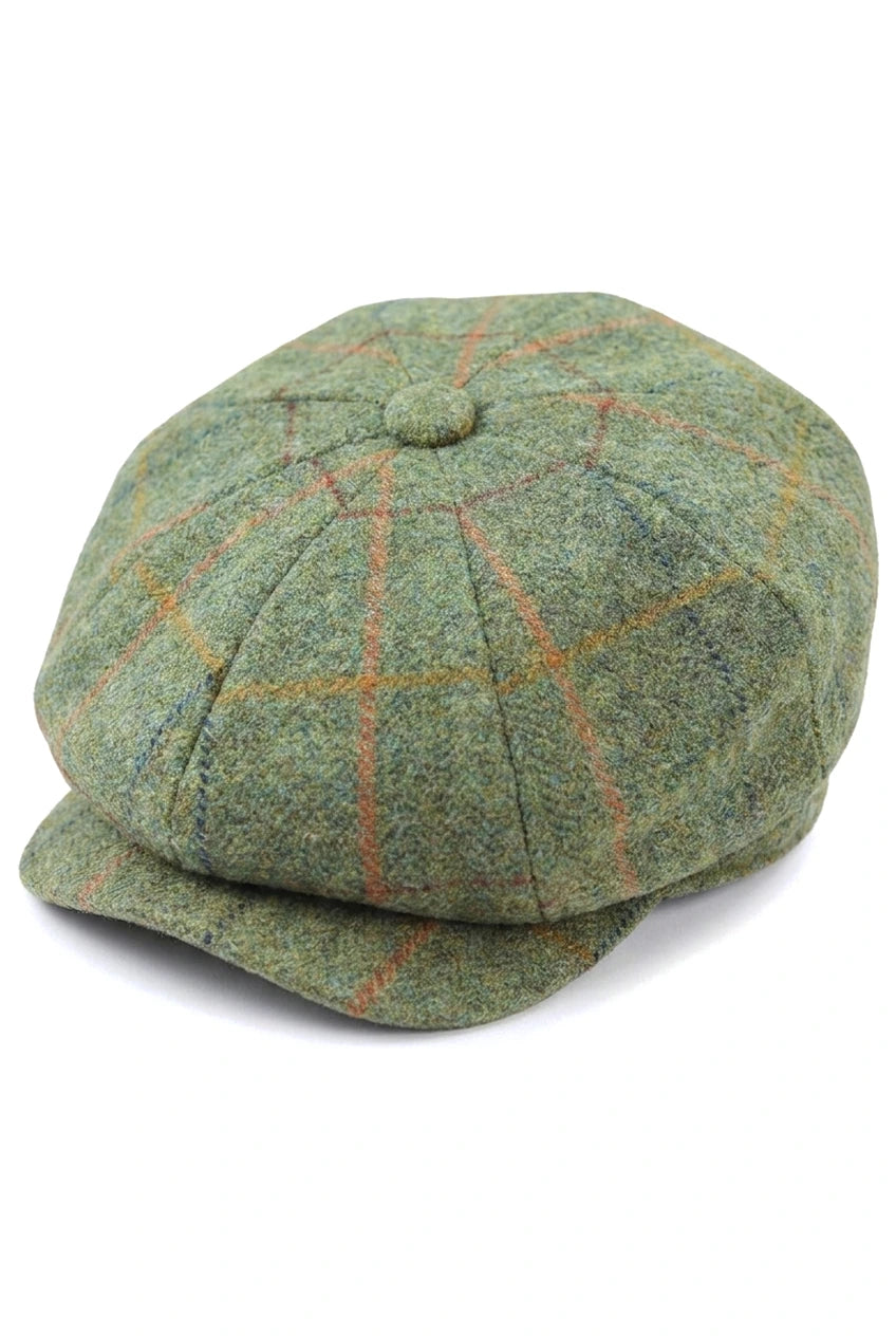 Casquette plate à carreaux verts à 8 panneaux pour homme, style gavroche, en tweed.