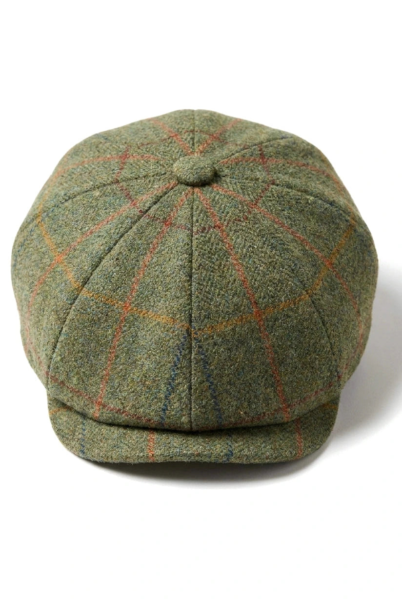Casquette plate à carreaux verts à 8 panneaux pour homme, style gavroche, en tweed.