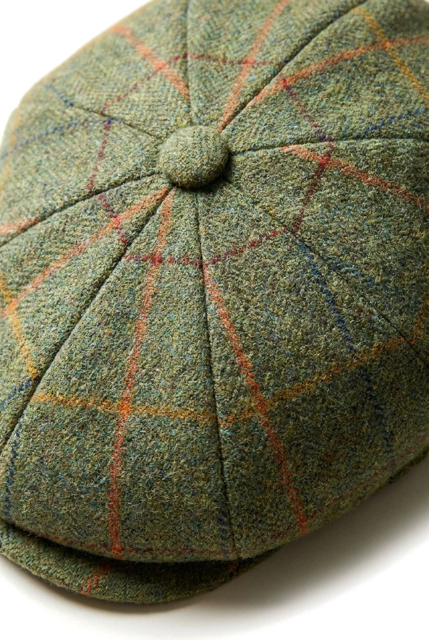 Casquette plate à carreaux verts à 8 panneaux pour homme, style gavroche, en tweed.