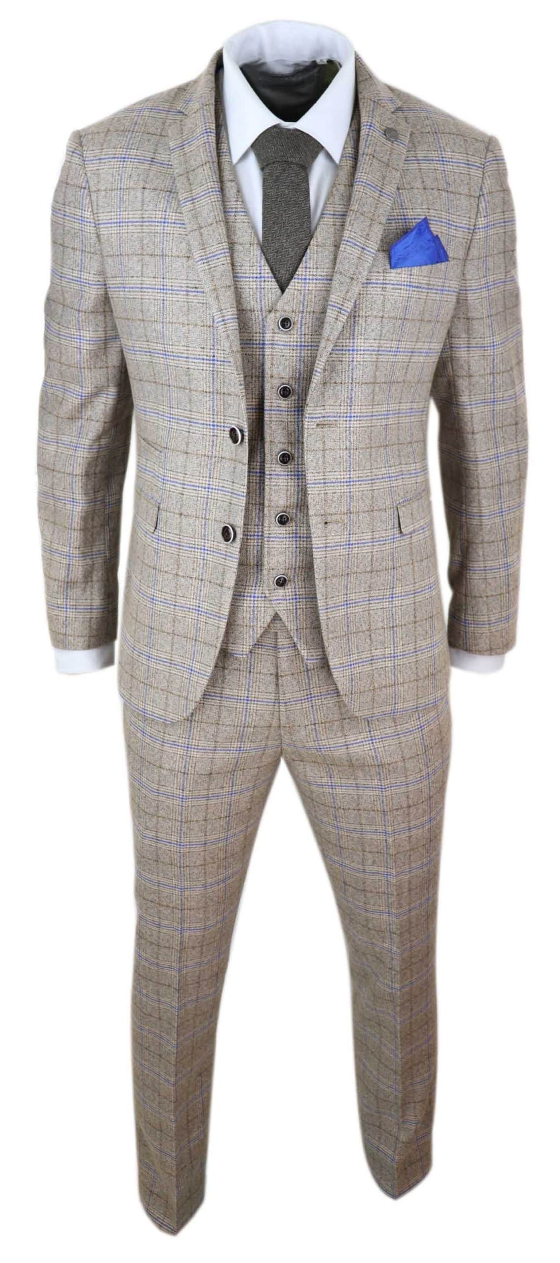 Mens Beige 3 Piece Tweed Check Suit