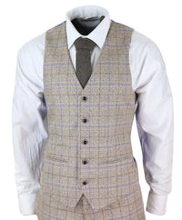 Mens Beige 3 Piece Tweed Check Suit