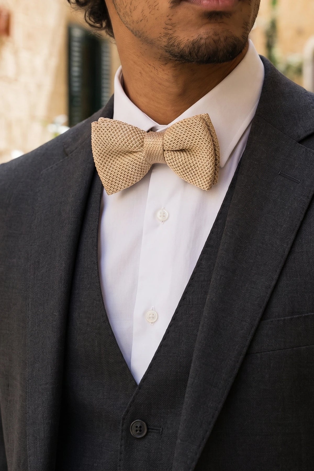 Nœud papillon beige tricoté pour homme