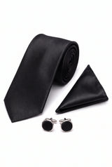 Ensemble cravate noire pour homme avec pochette et boutons de manchette