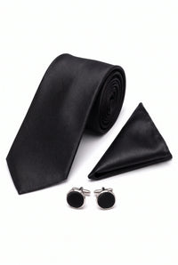 Ensemble cravate noire pour homme avec pochette et boutons de manchette