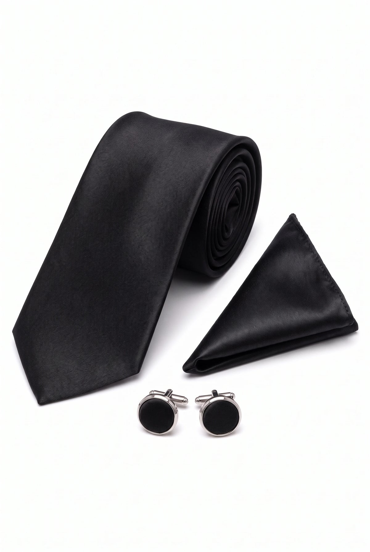 Ensemble cravate noire pour homme avec pochette et boutons de manchette