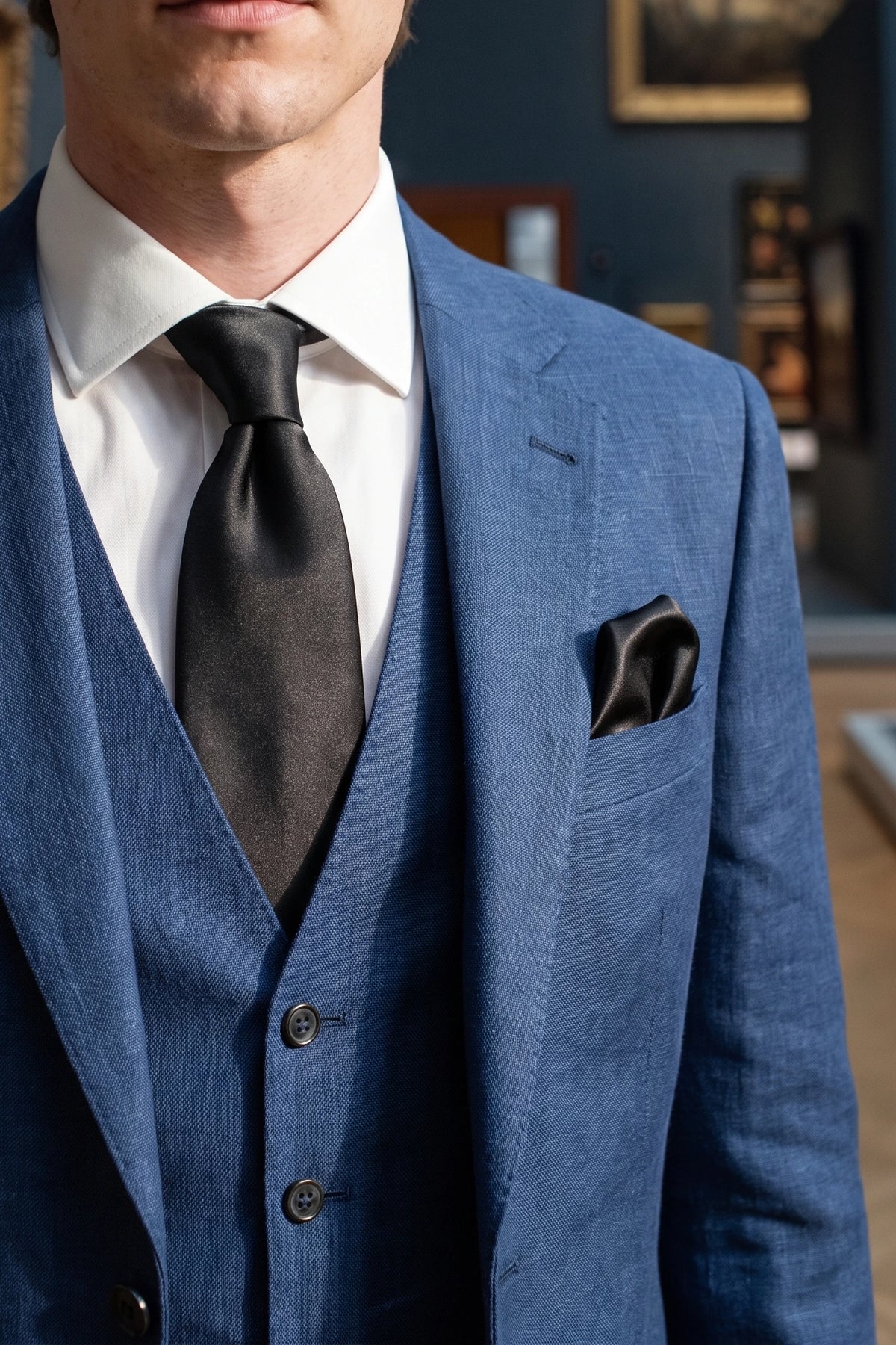 Ensemble cravate noire pour homme avec pochette et boutons de manchette