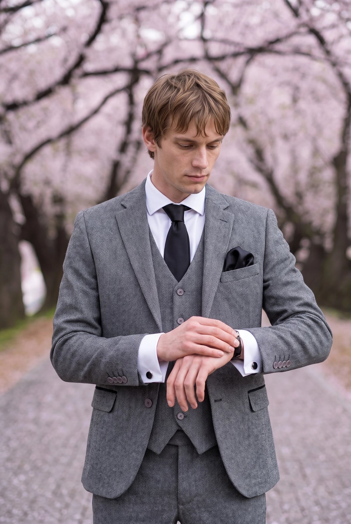 Ensemble cravate noire pour homme avec pochette et boutons de manchette