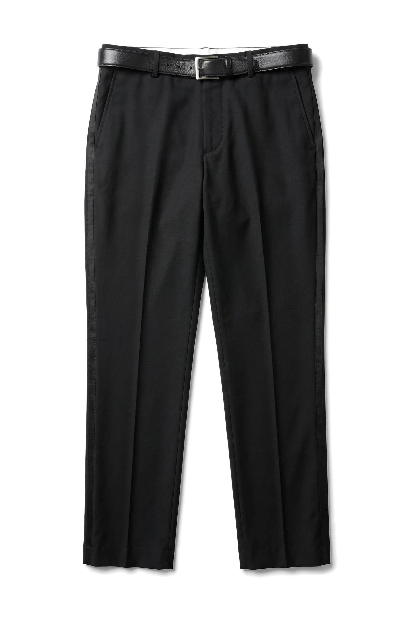 Pantalon de smoking noir pour homme, rayures satinées, idéal pour mariage ou bal de promo.