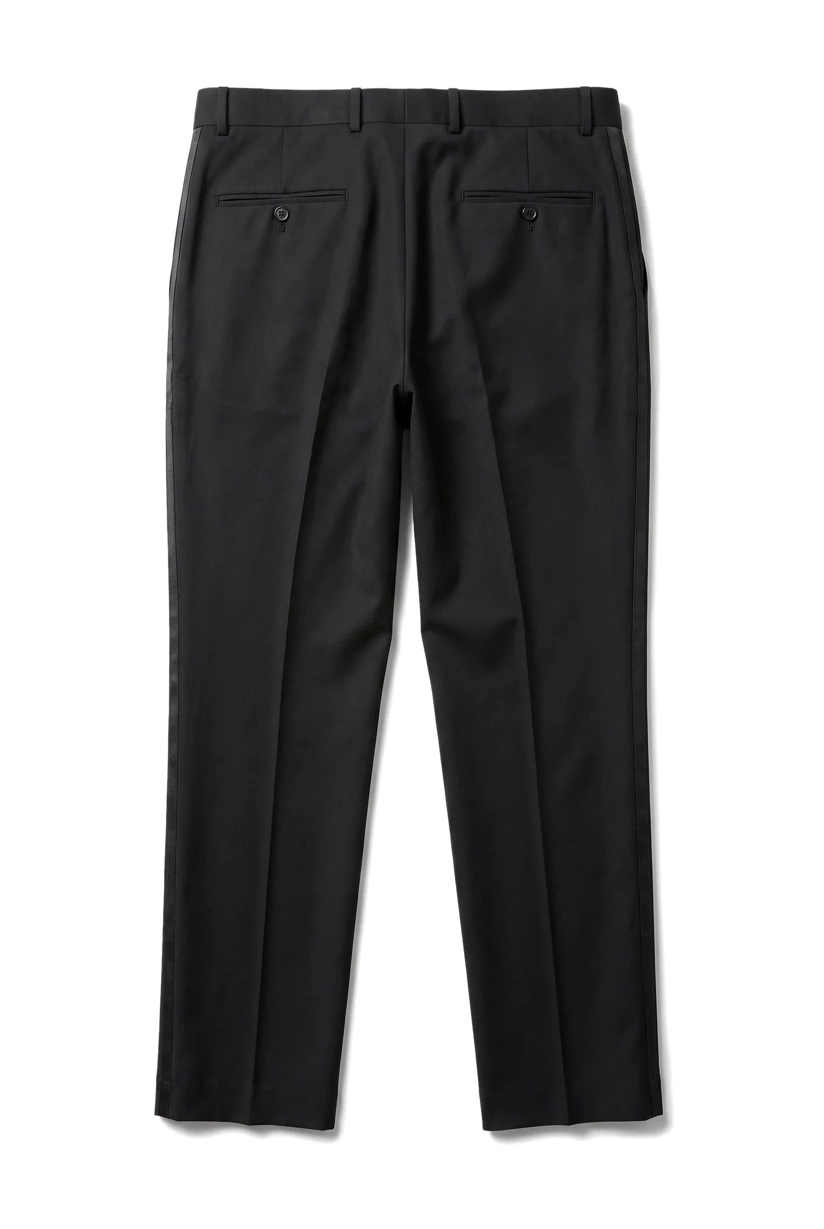 Pantalon de smoking noir pour homme, rayures satinées, idéal pour mariage ou bal de promo.