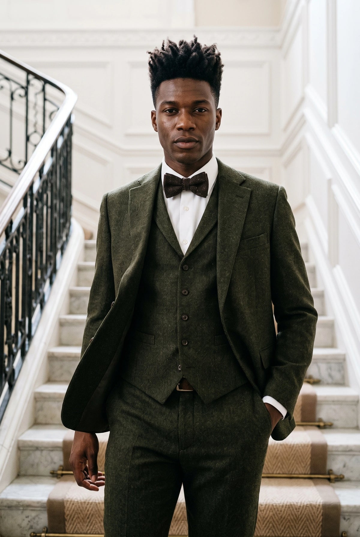 Nœud papillon pour homme en tweed noir mélangé laine